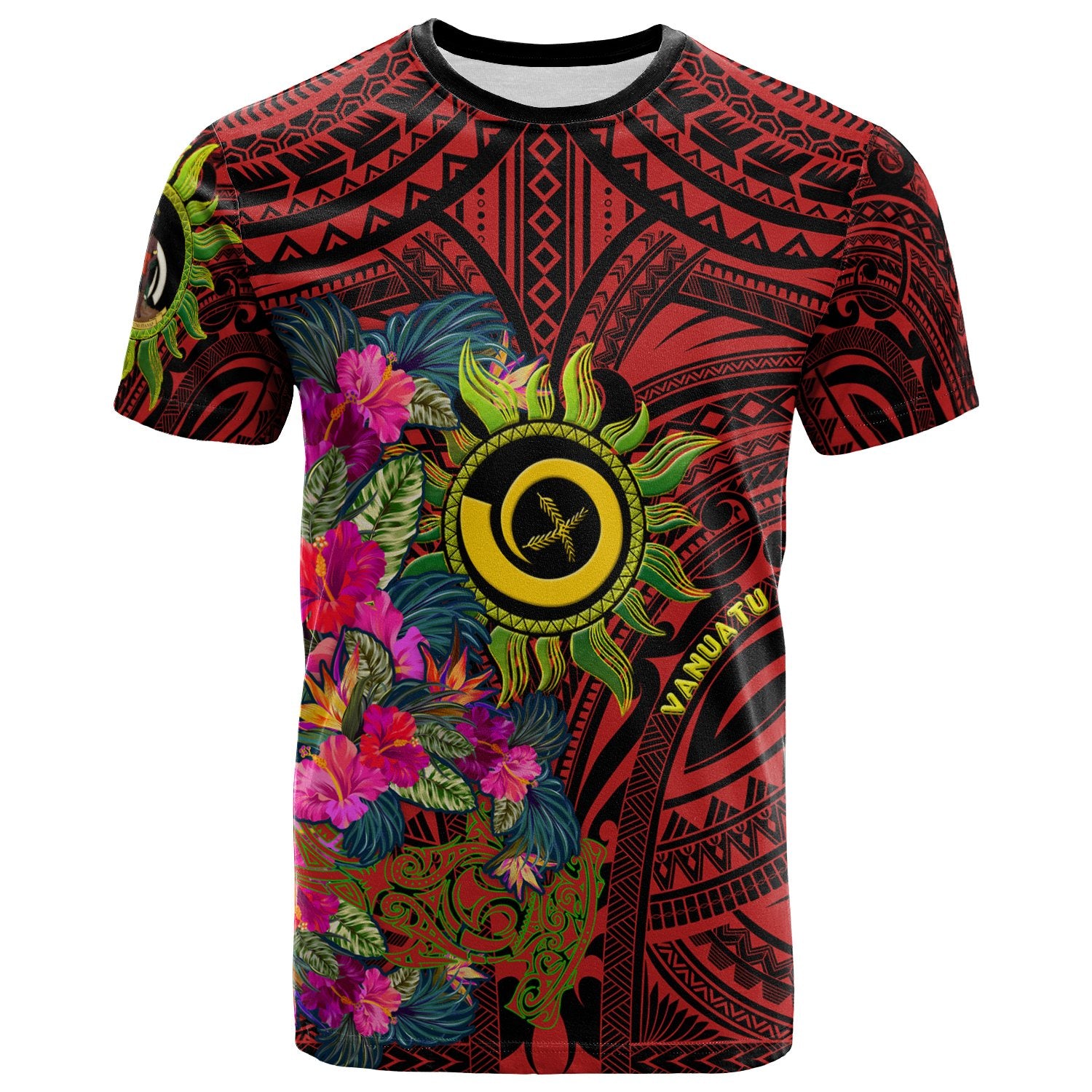 Polynesian T Shirt Vanuatu Symbols With Hibiscus Ver03 Unisex Red - Polynesian Pride