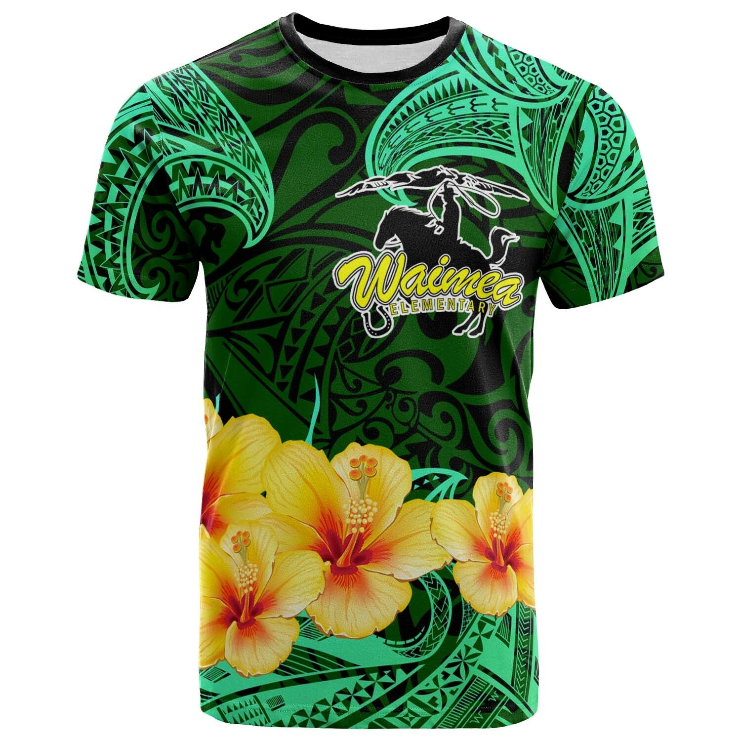 Hawaii Polynesian T Shirt Waimea Elementary School with Polynesian Patterns and Hibicus Flower LT10 Green - Polynesian Pride