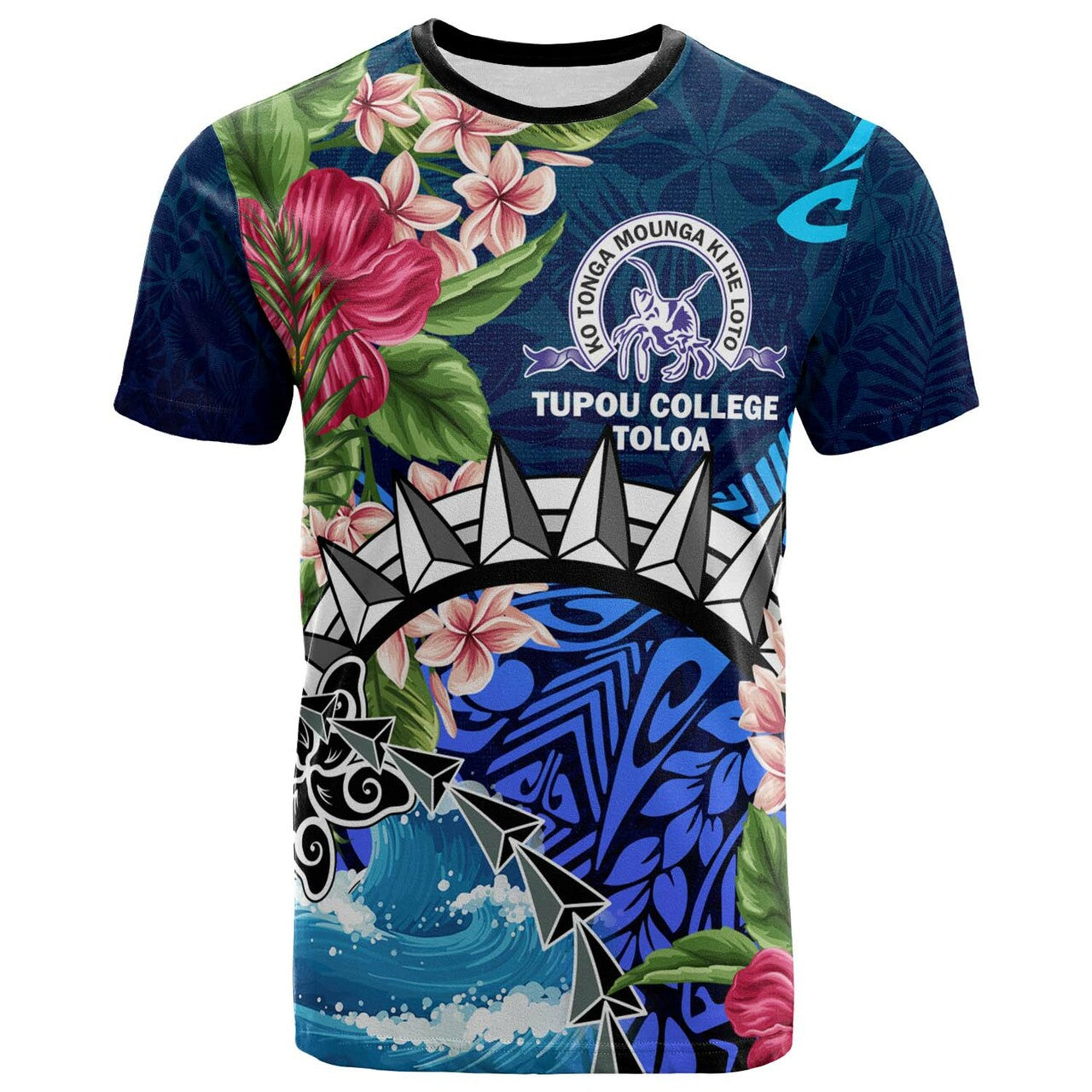 Tonga Custom T Shirt Tupou College Polynesian Tonga Pattern with Flower LT10 Blue - Polynesian Pride