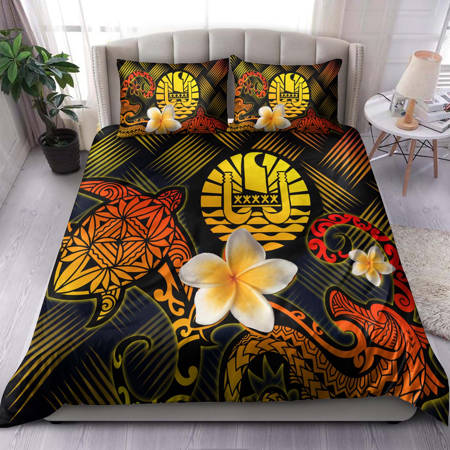 Tahiti Polynesian Bedding Set - Lauhala Turtle Plumeria Tropical Black - Polynesian Pride