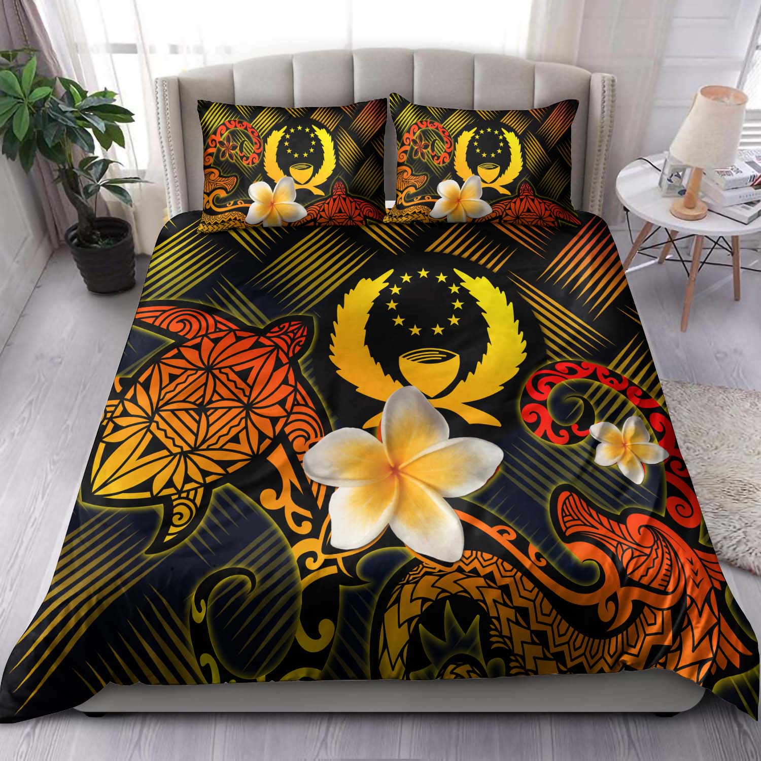 Pohnpei Polynesian Bedding Set - Lauhala Turtle Plumeria Tropical Black - Polynesian Pride