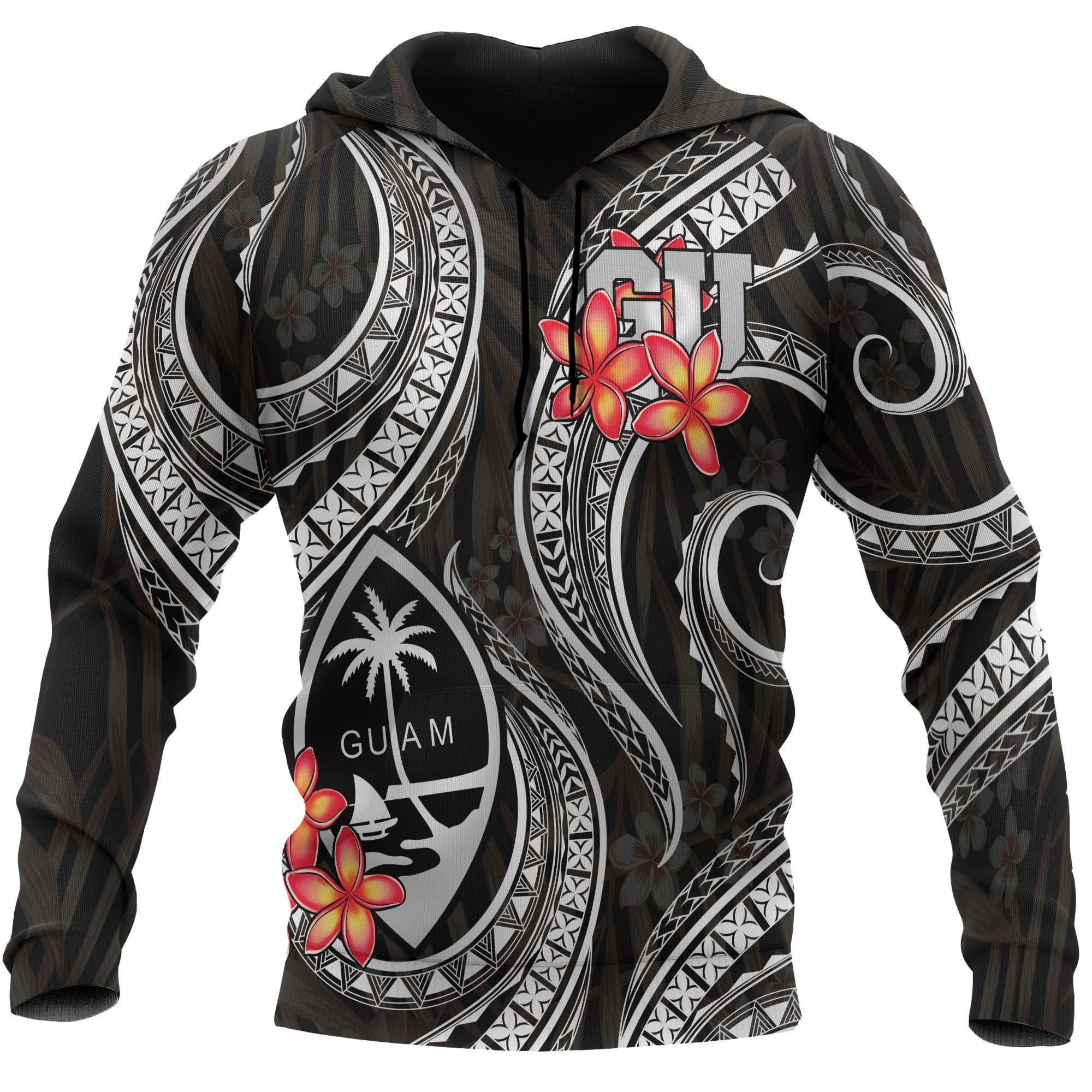 Guam Polynesian Hoodie Black Plumeria Unisex BLACK - Polynesian Pride