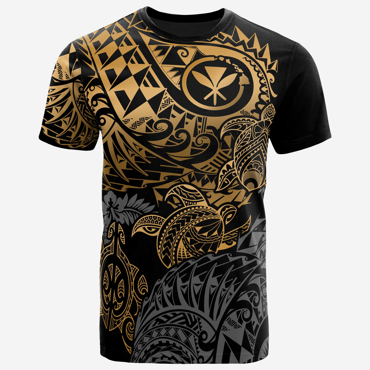 Hawaii T Shirt Polynesian Gold Kanaka Maoli Turtle Hibiscus Flowing GOLD - Polynesian Pride