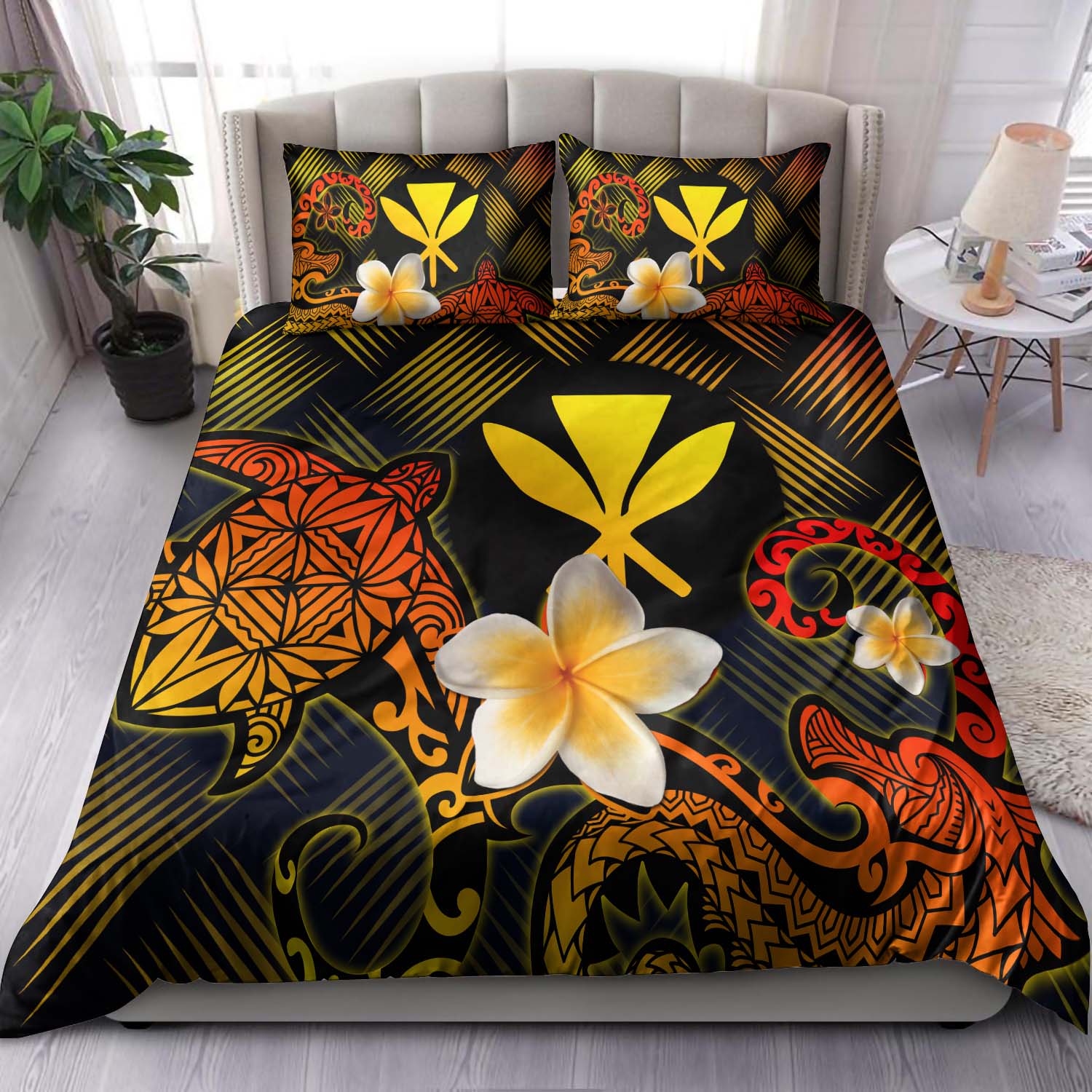 Kanaka Maoli Polynesian Bedding Set - Lauhala Turtle Plumeria Tropical Black - Polynesian Pride