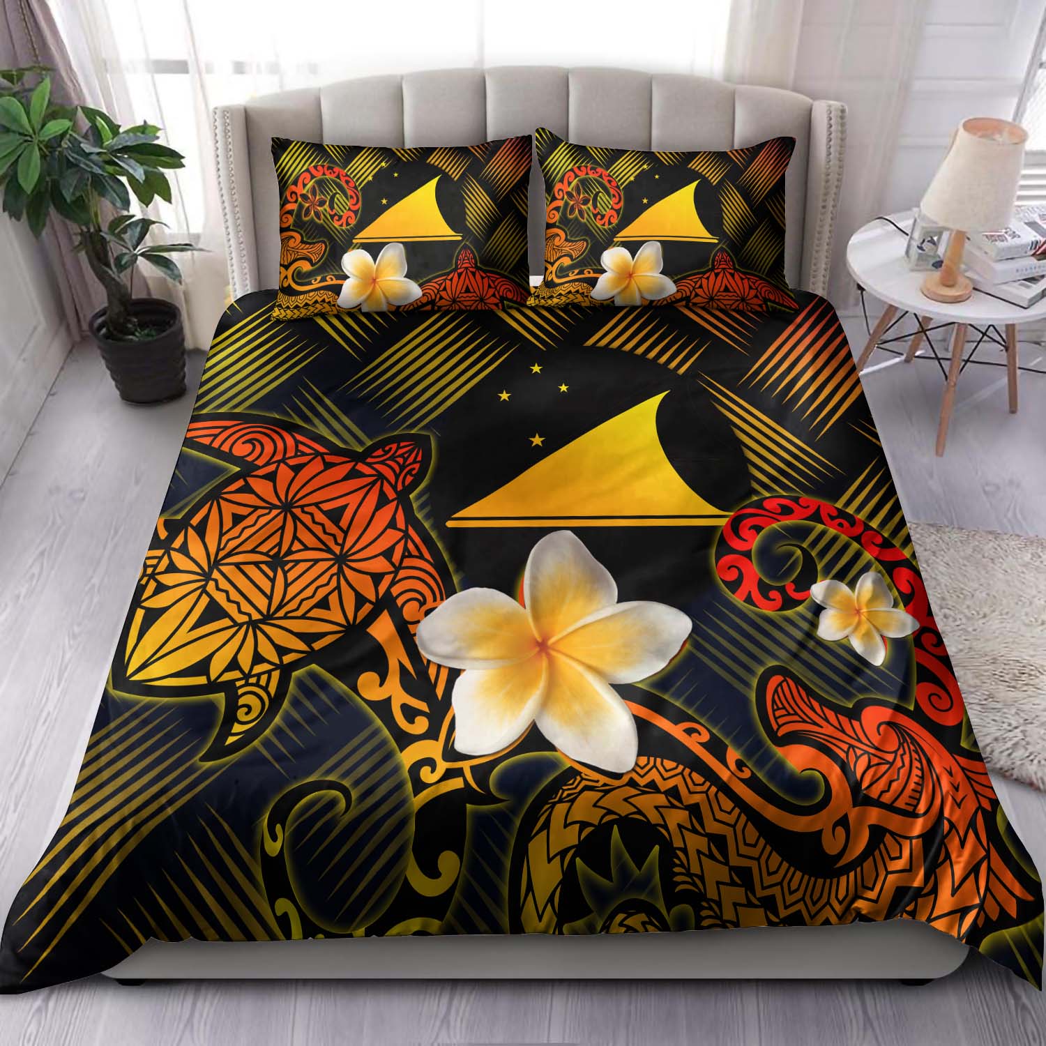 Tokelau Polynesian Bedding Set - Lauhala Turtle Plumeria Tropical Black - Polynesian Pride