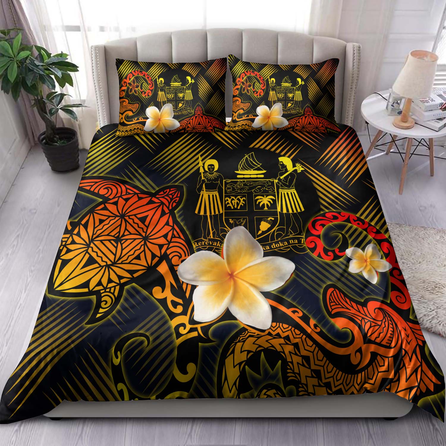 Fiji Polynesian Bedding Set - Lauhala Turtle Plumeria Tropical Black - Polynesian Pride