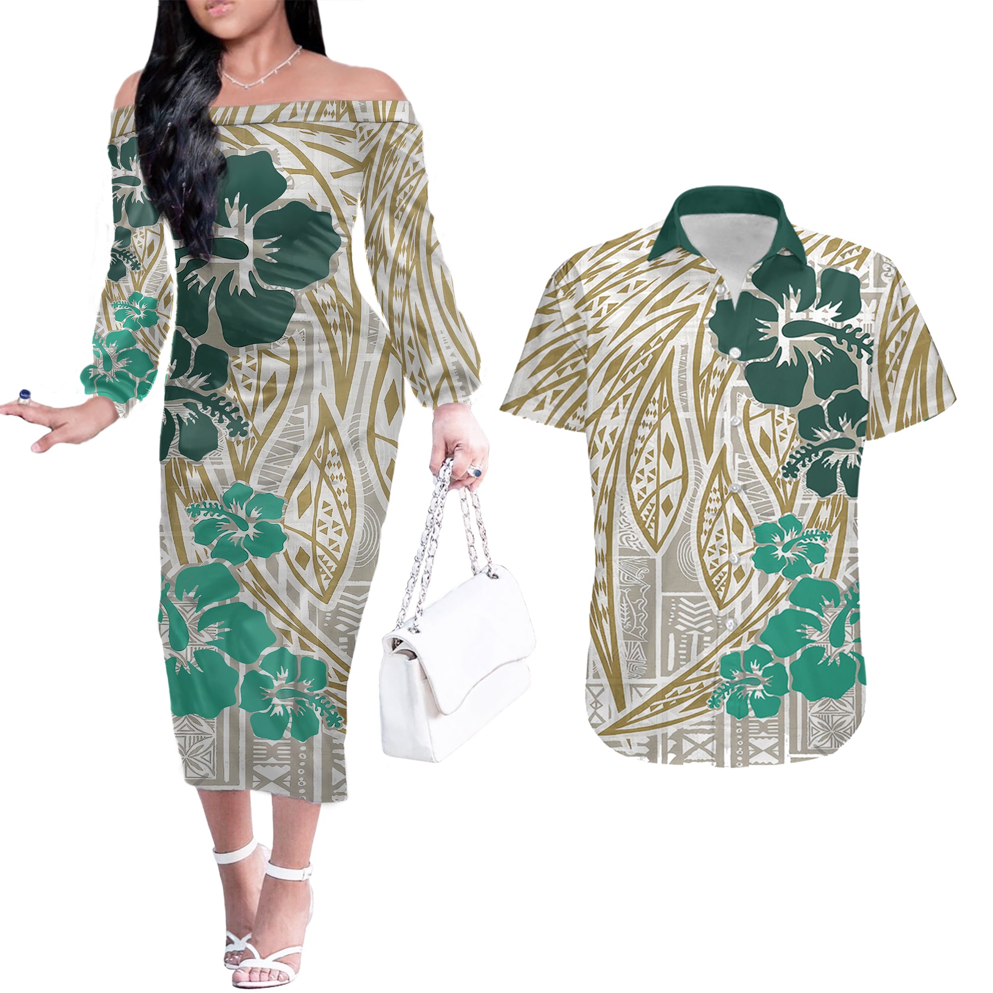Polynesian Masi Tapa Green Hibiscus Matching Off Long Sleeve Dress and Hawaiian Shirt LT9 Black - Polynesian Pride