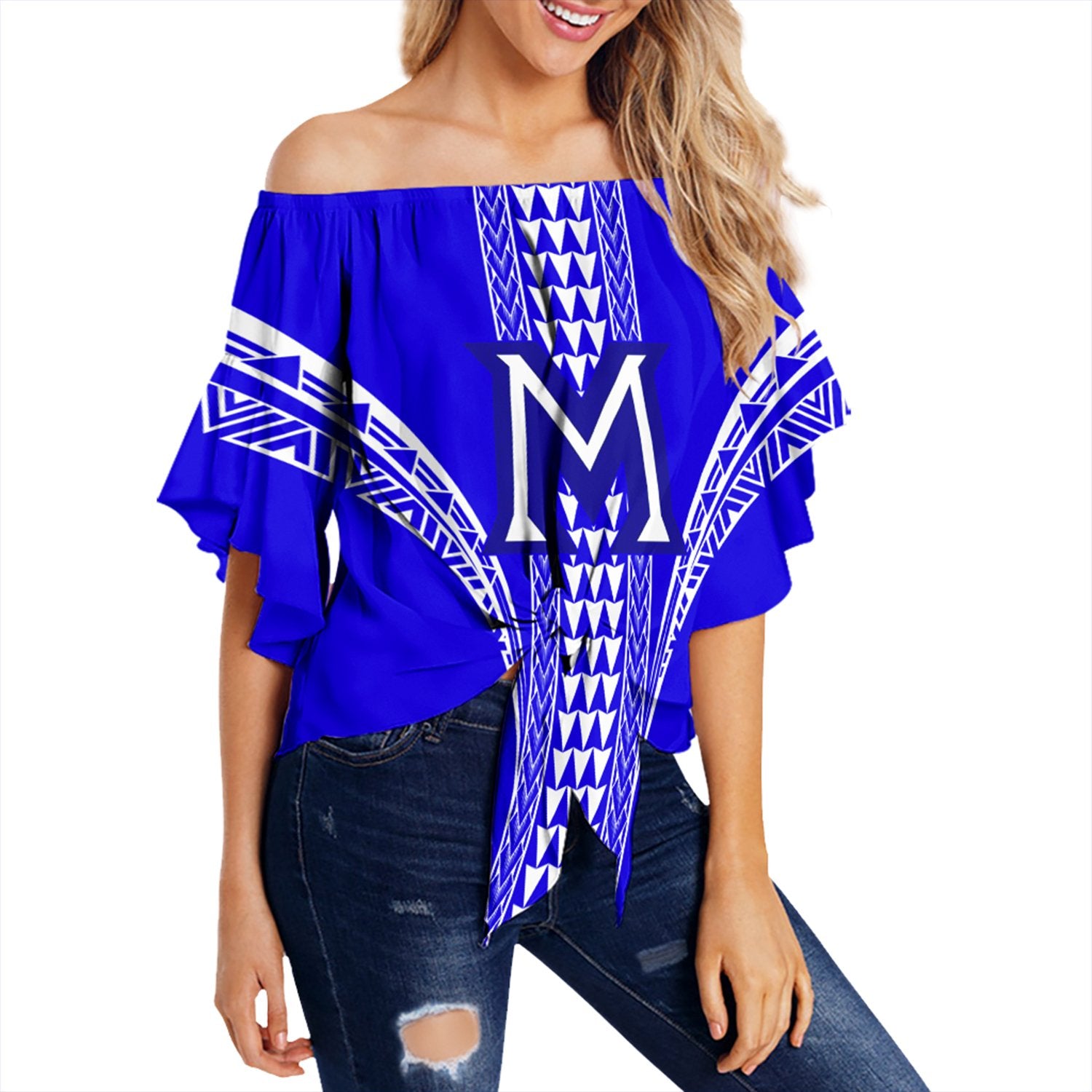 Hawaii - Maui High Off Shoulder Waist Wrap Top AH Female Blue - Polynesian Pride