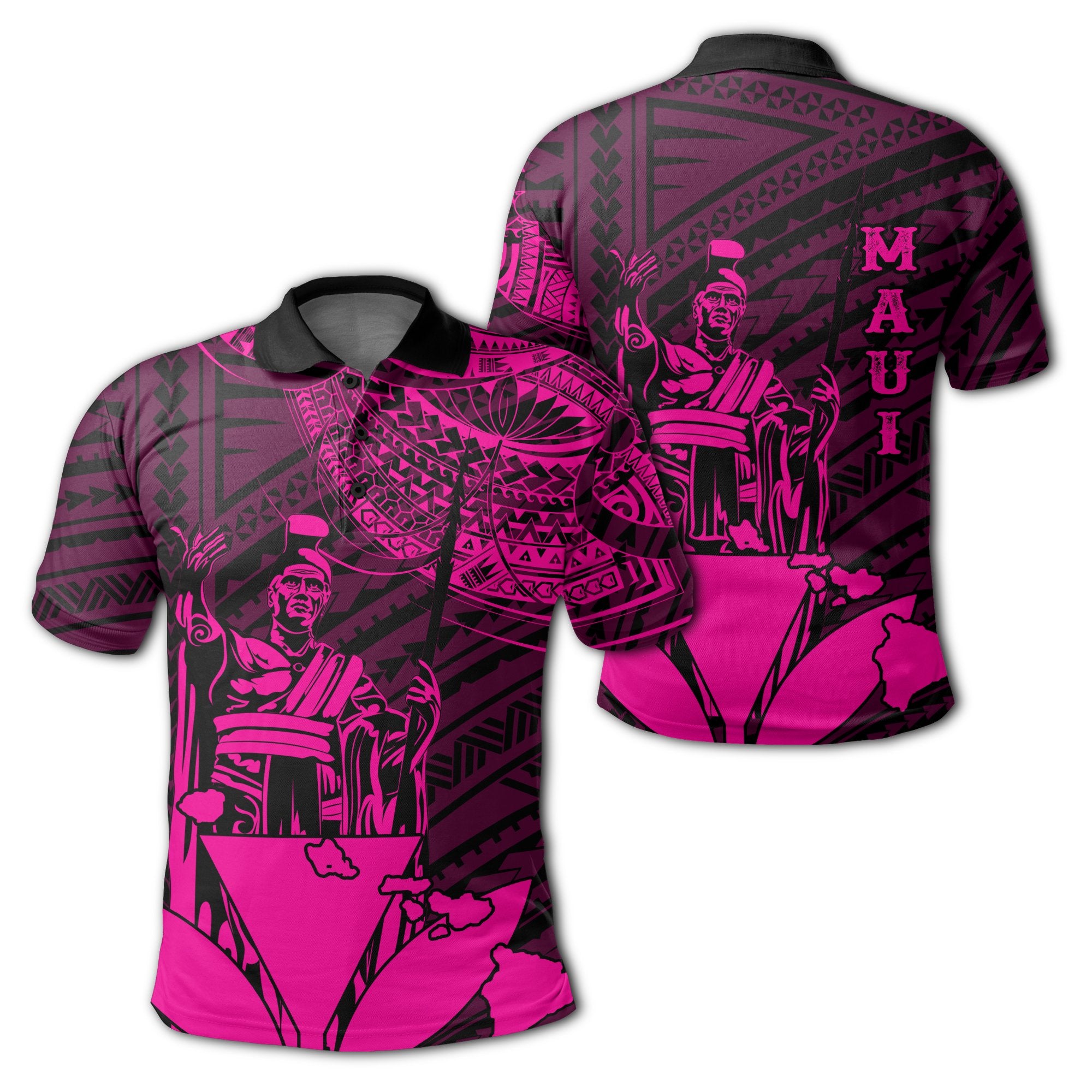 Hawaiian King Kanaka Map Polynesian Maui Polo Shirt Pink Hala Style Unisex Pink - Polynesian Pride