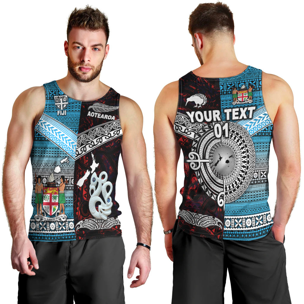 (Custom Personalised) New Zealand Maori Aotearoa Fiji Tapa Together Men Tank Top - Red, Custom Text And Number LT8 Red - Polynesian Pride