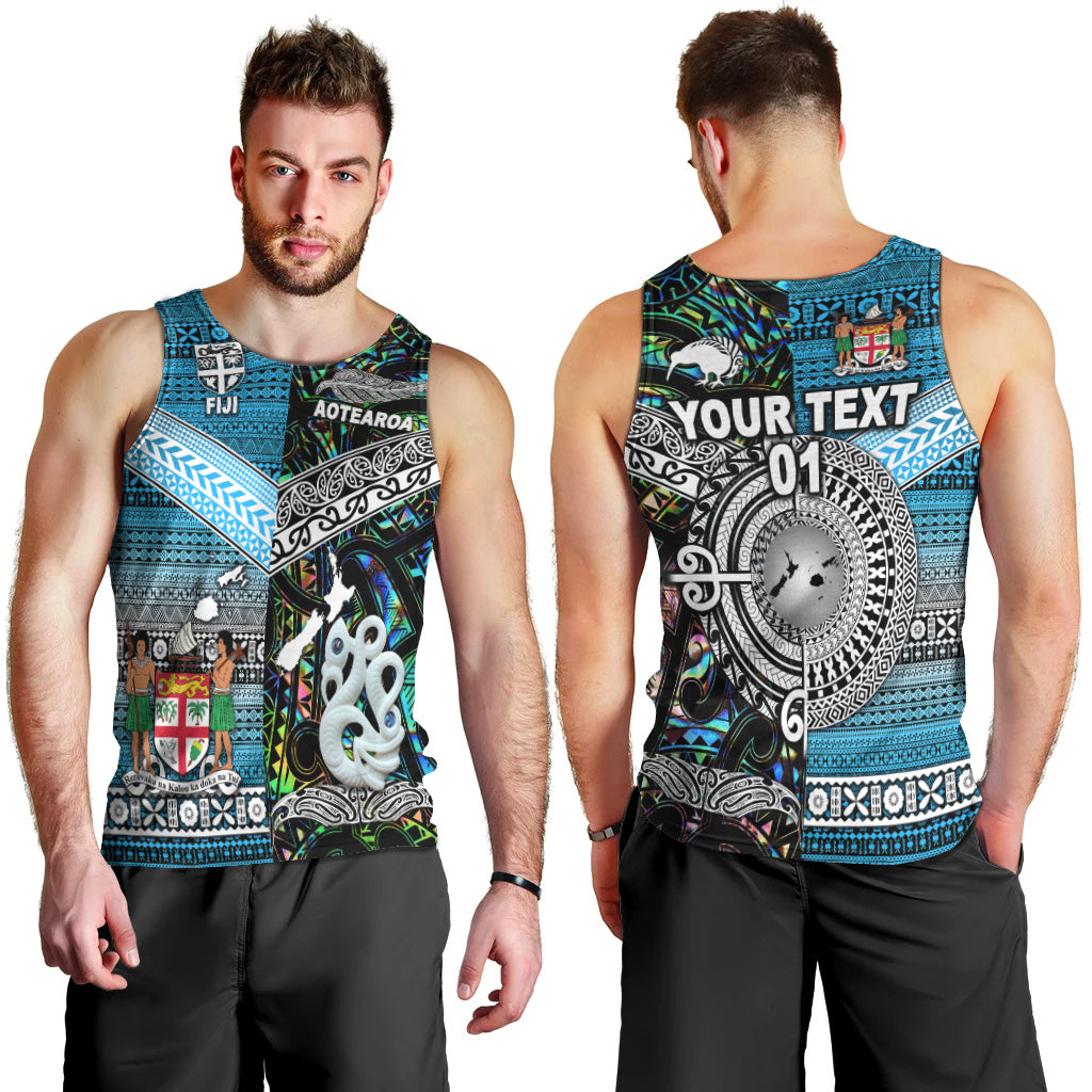 (Custom Personalised) New Zealand Maori Aotearoa Fiji Tapa Together Men Tank Top - Paua Shell, Custom Text And Number LT8 Green - Polynesian Pride