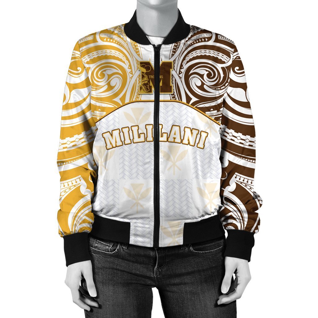 (KAIKAINA) Kanaka Mililani High School Bomber Jacket Demodern LT13 White Unisex - Polynesian Pride