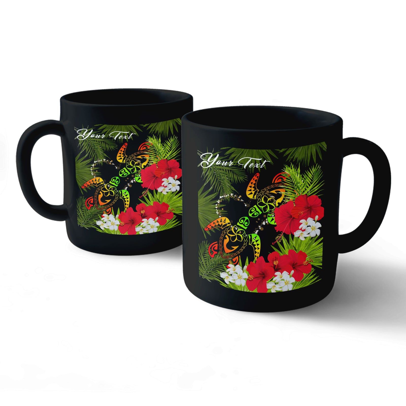(Personalized) Hawaii Couple Turtle Hibiscus Tropical Valentine Mug - Levi Style - AH Black - Polynesian Pride
