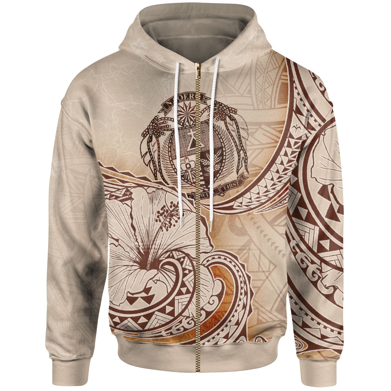 Nauru Zip Hoodie Hibiscus Flowers Vintage Style Unisex Nude - Polynesian Pride