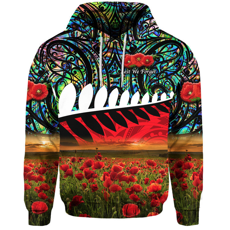 Custom New Zealand Maori ANZAC Hoodie Poppy Vibes Paua Shell LT8 Green - Polynesian Pride