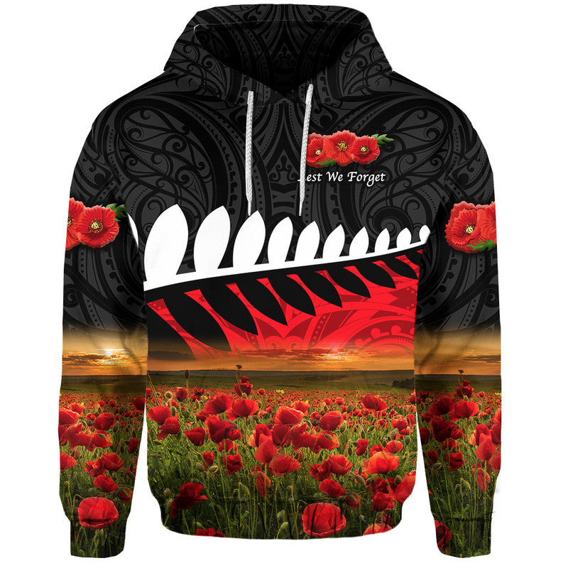 New Zealand Maori ANZAC Hoodie Poppy Vibes Black LT8 Black - Polynesian Pride