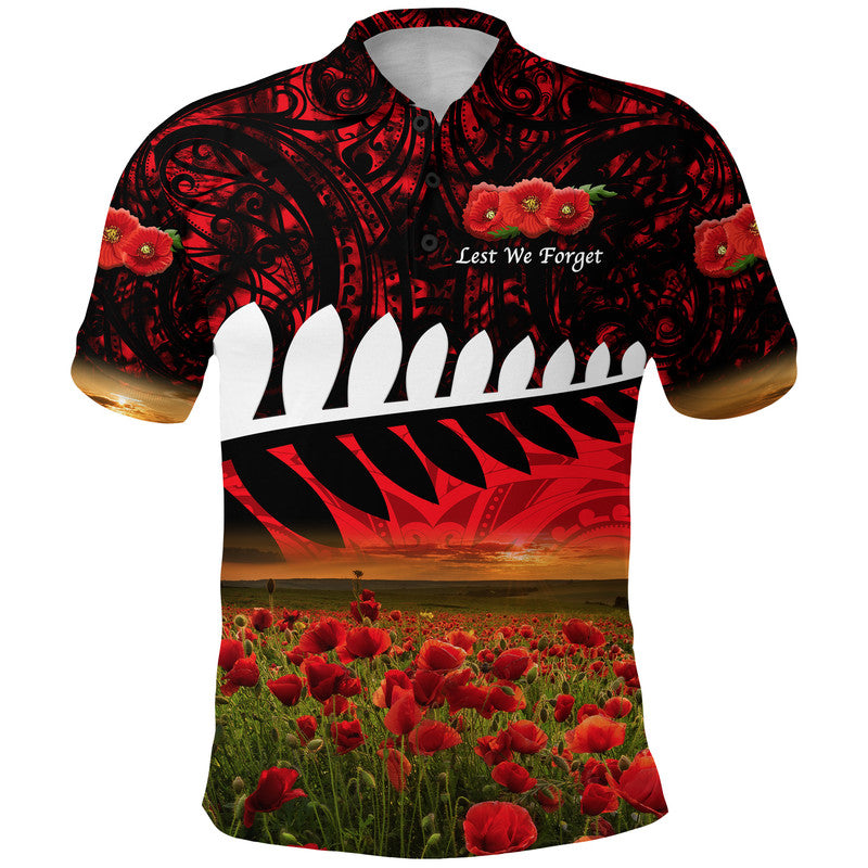 Custom New Zealand Maori ANZAC Polo Shirt Poppy Vibes Red LT8 Red - Polynesian Pride