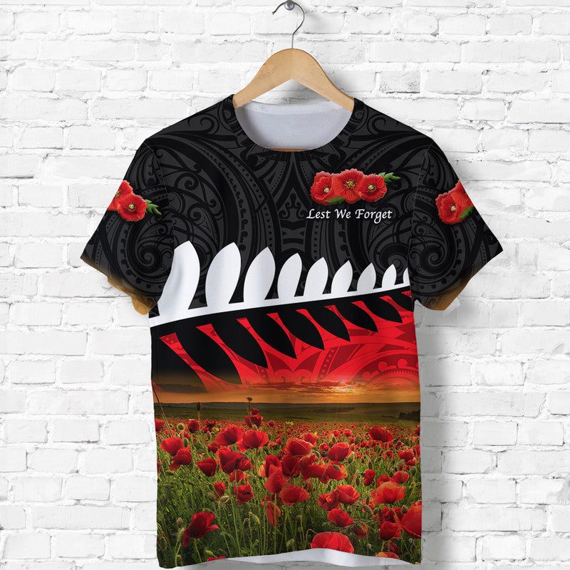 New Zealand Maori ANZAC T Shirt Poppy Vibes Black LT8 Black - Polynesian Pride