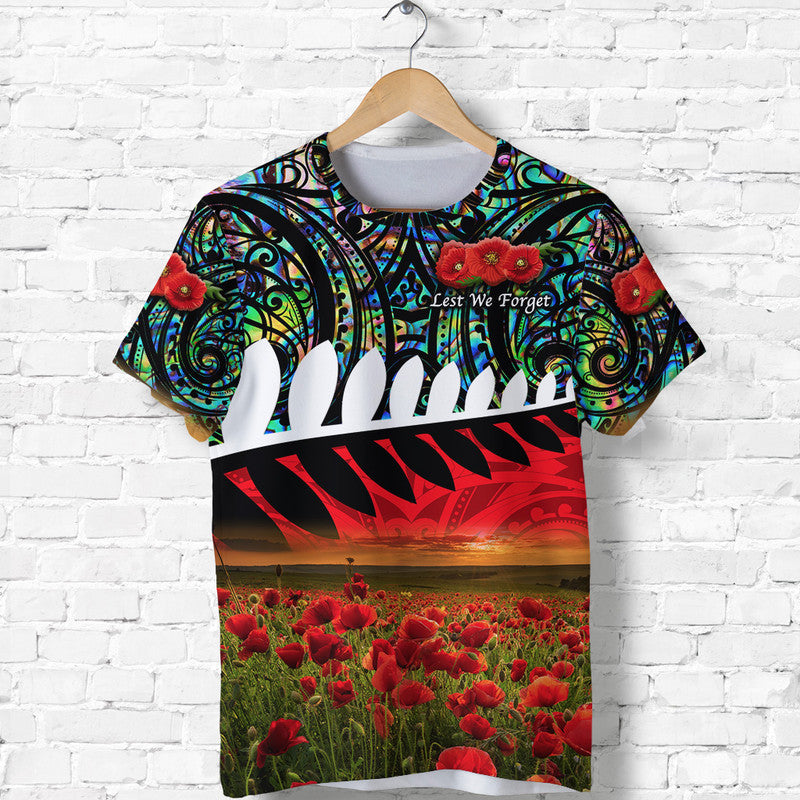 Custom New Zealand Maori ANZAC T Shirt Poppy Vibes Paua Shell LT8 Green - Polynesian Pride