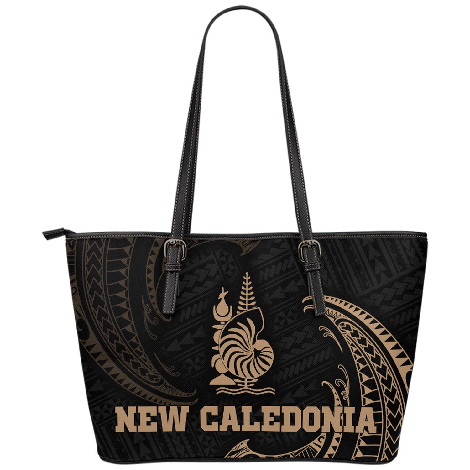 New Caledonia Polynesian Leather Tote Bag - Gold Tribal Wave Black - Polynesian Pride