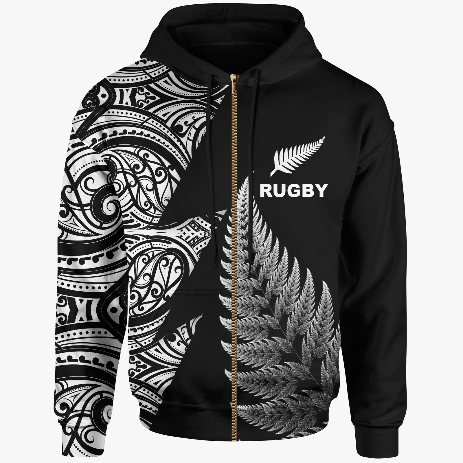 New Zealand Rugby Zip Hoodie - Aotearoa Maori Style Zip Hoodie Black - Polynesian Pride