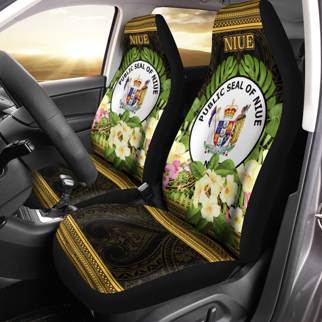 Niue Car Seat Cover - Polynesian Gold Patterns Collection Universal Fit Black - Polynesian Pride