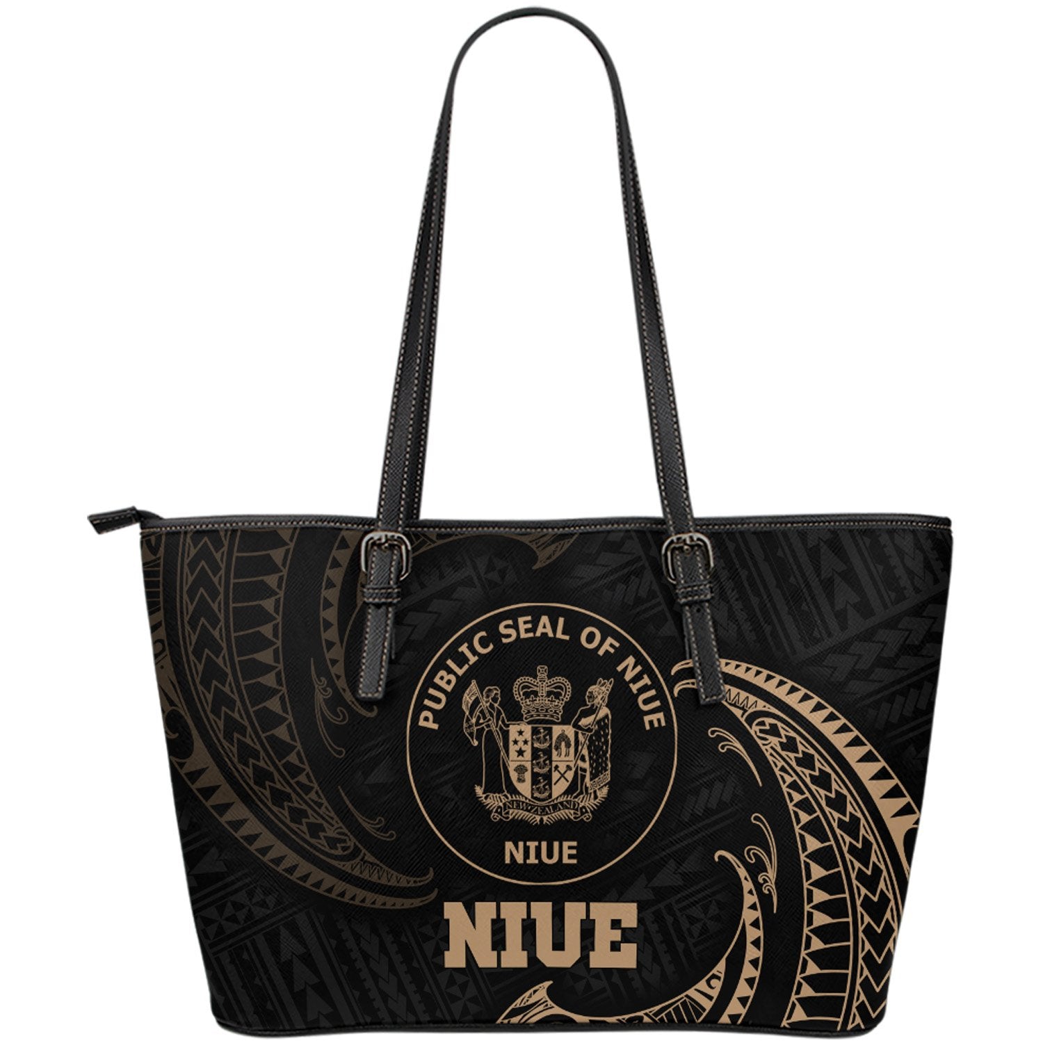 Niue Polynesian Leather Tote Bag - Gold Tribal Wave Black - Polynesian Pride