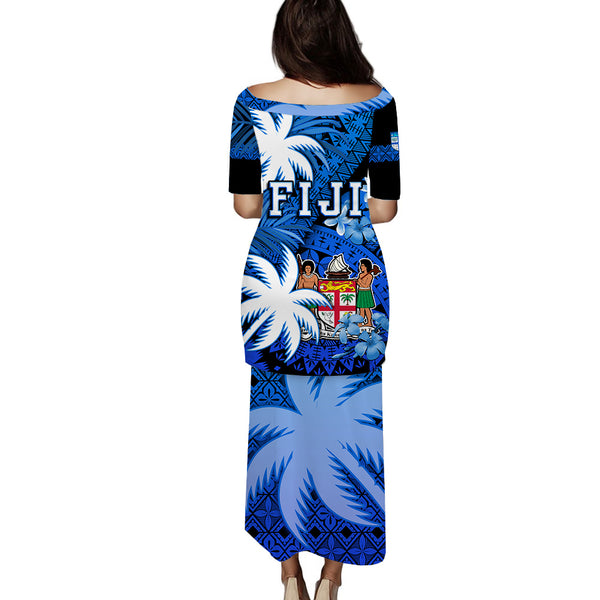 Fiji Coat Of Arms Puletasi Dress Masi Tapa Mixed Palm Tree No2 Blue ...