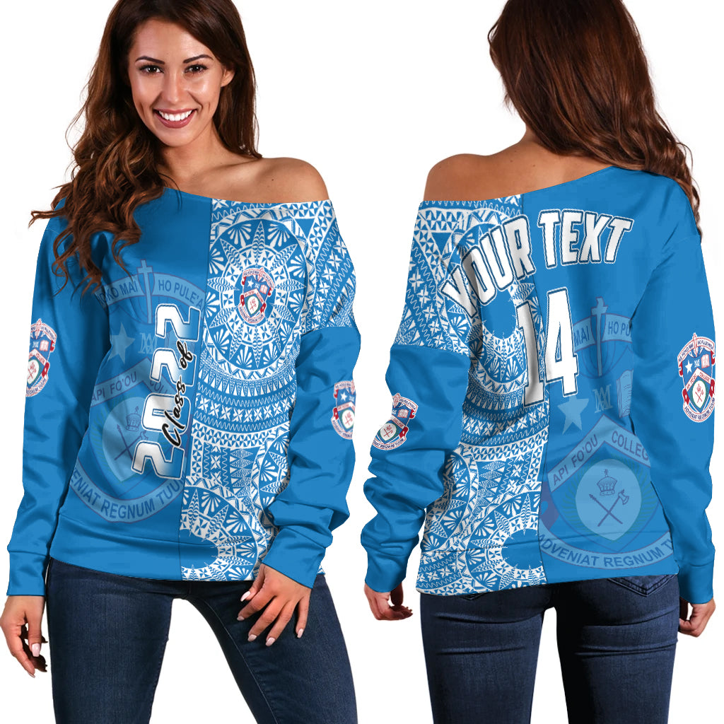 (Custom Text And Number) Apifoou Tonga College Off Shoulder Sweater Class Of Year Tongan Ngatu Pattern LT14 Women Blue - Polynesian Pride