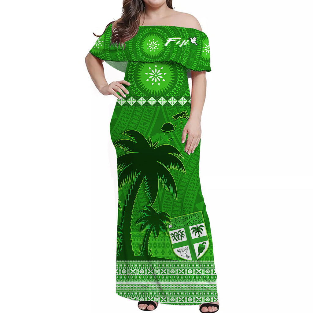 (Custom Personalised) Bula Fiji Off Shoulder Long Dress Fijian Tapa with Palm Tree Green LT13 Women Green - Polynesian Pride