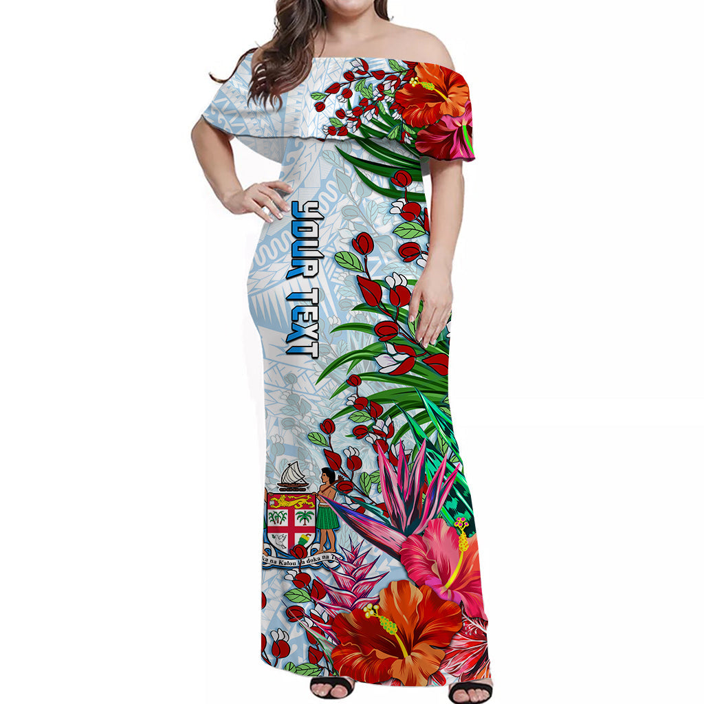 (Custom Personalised) Fiji Off Shoulder Long Dress Proud Fijian Tapa mix Tagimoucia Flowers LT13 Women White - Polynesian Pride