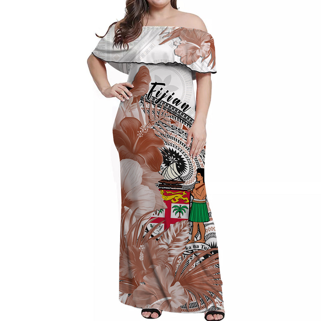 (Custom Personalised) Fiji Tapa Off Shoulder Long Dress White Fijian Masi Be Loved Hibiscus LT13 Women White - Polynesian Pride