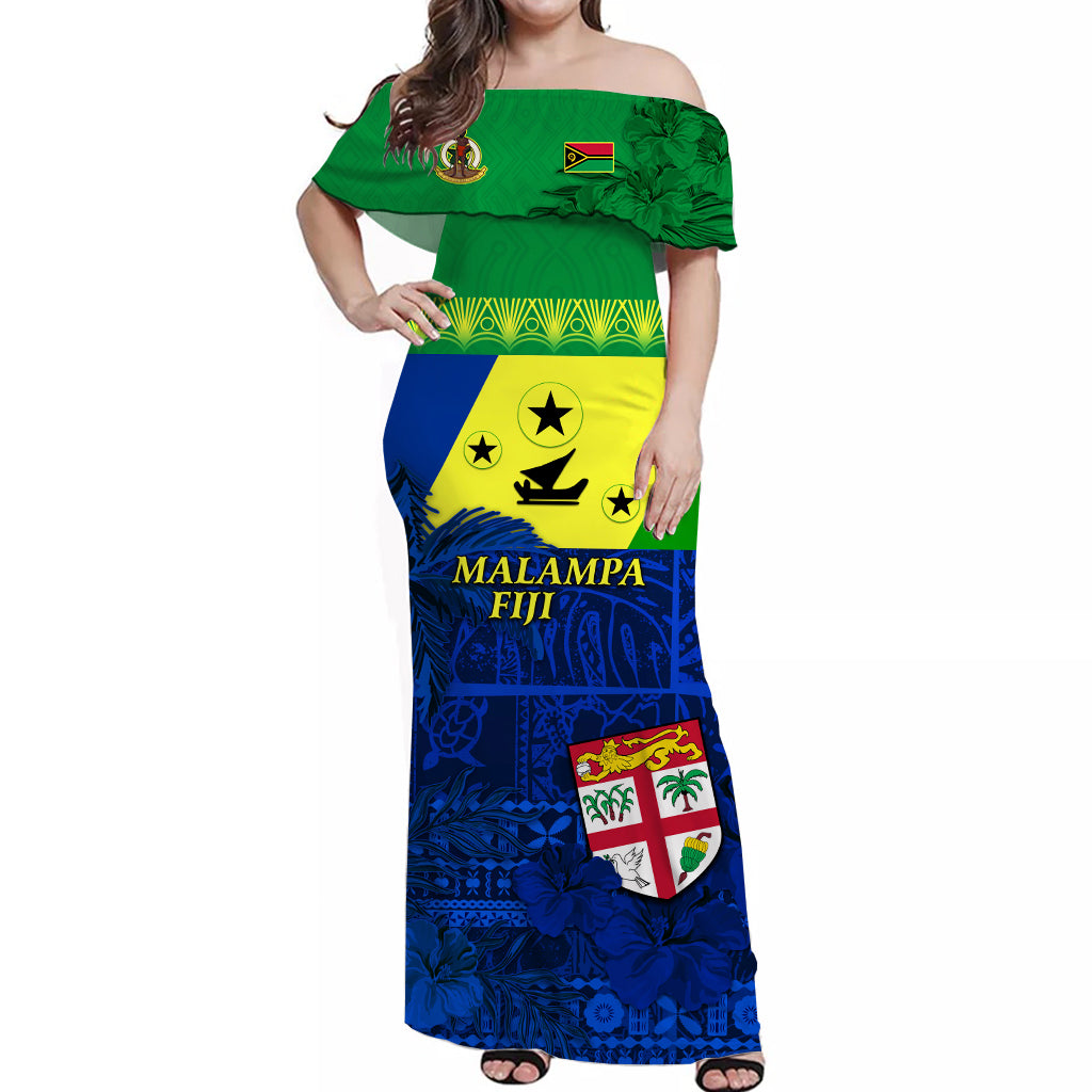 (Custom Personalised) Malampa Fiji Day Off Shoulder Long Dress Vanuatu Polynesia mix Flowers LT13 Women Green - Polynesian Pride