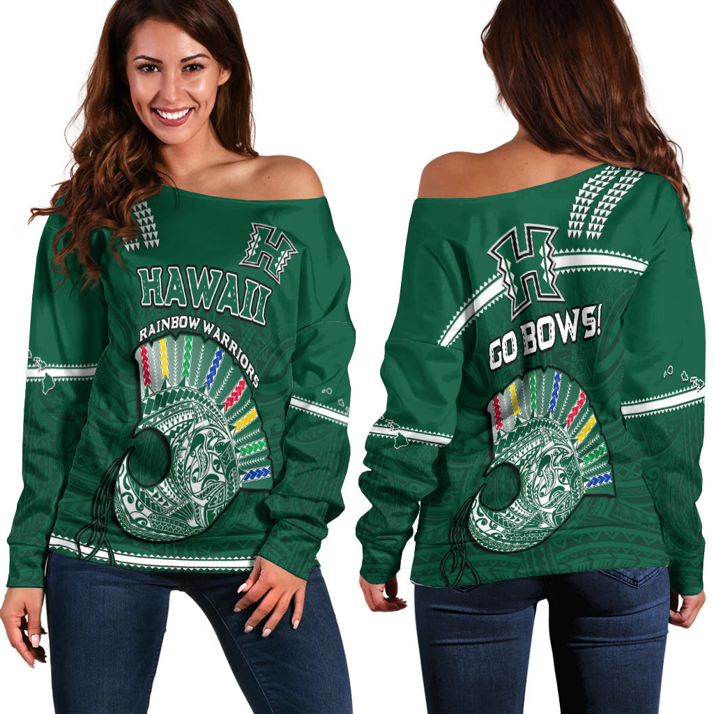 Hawaii Football Off Shoulder Sweater Kakau Rainbow Warriors Helmet Go Bows LT14 Women Green - Polynesian Pride