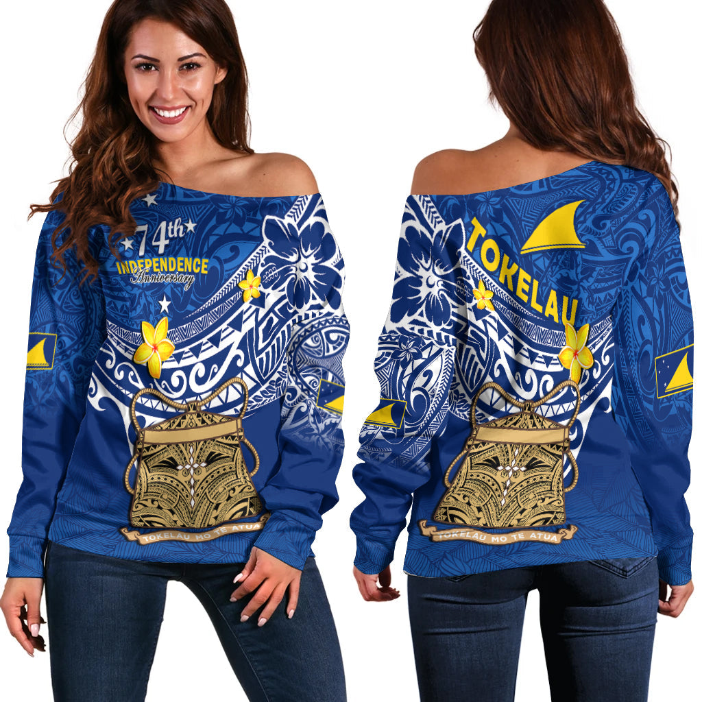 Tokelau Off Shoulder Sweater National Badge Polynesian Happy 74th Independence Anniversary LT14 Women Blue - Polynesian Pride