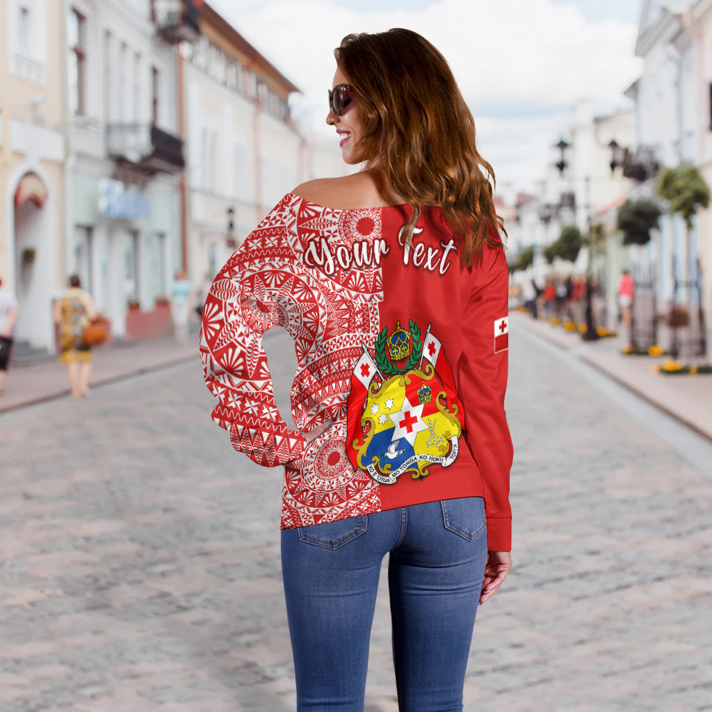 (Custom Personalised) Tonga Off Shoulder Sweater Tongan Coat Of Arms Ngatu Pattern LT14 - Polynesian Pride