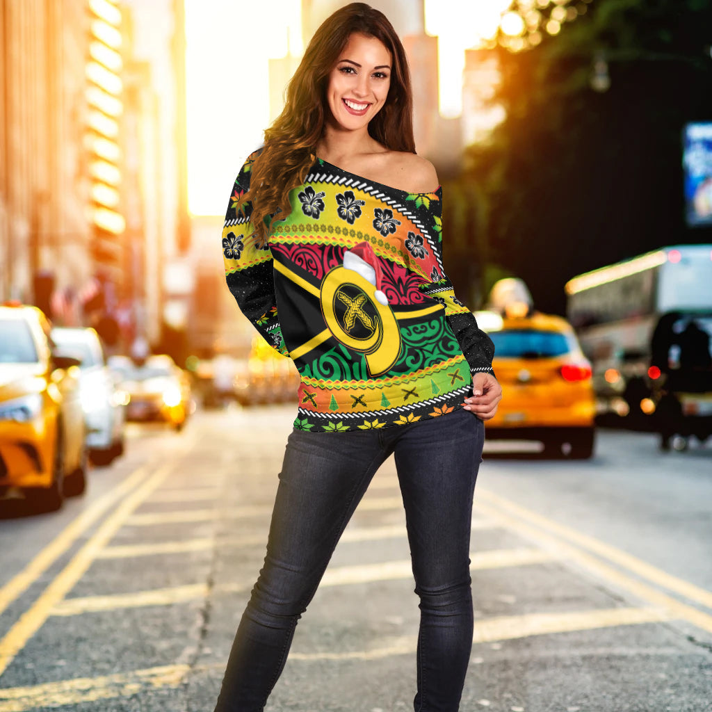 Vanuatu Christmas Off Shoulder Sweater Pig Tusk Polynesian Joyeux Noel Flag Art LT14 - Polynesian Pride