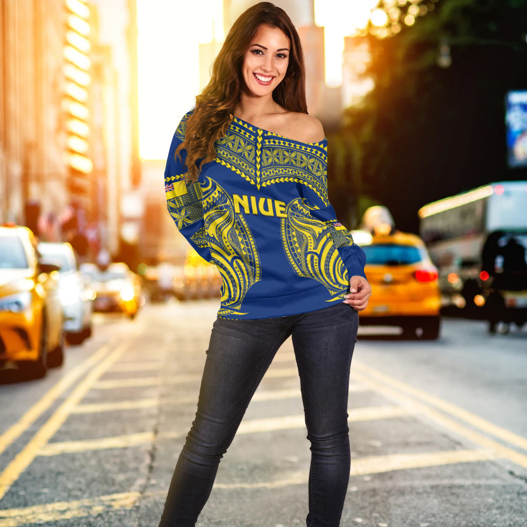 Niue Off Shoulder Sweater Hiapo Mix Polynesian Happy Constitution Day LT14 - Polynesian Pride