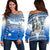 Custom Text And Number Fiji Off Shoulder Sweater Kaiviti Fijian Special Tapa Pattern LT14 Women Blue - Polynesian Pride