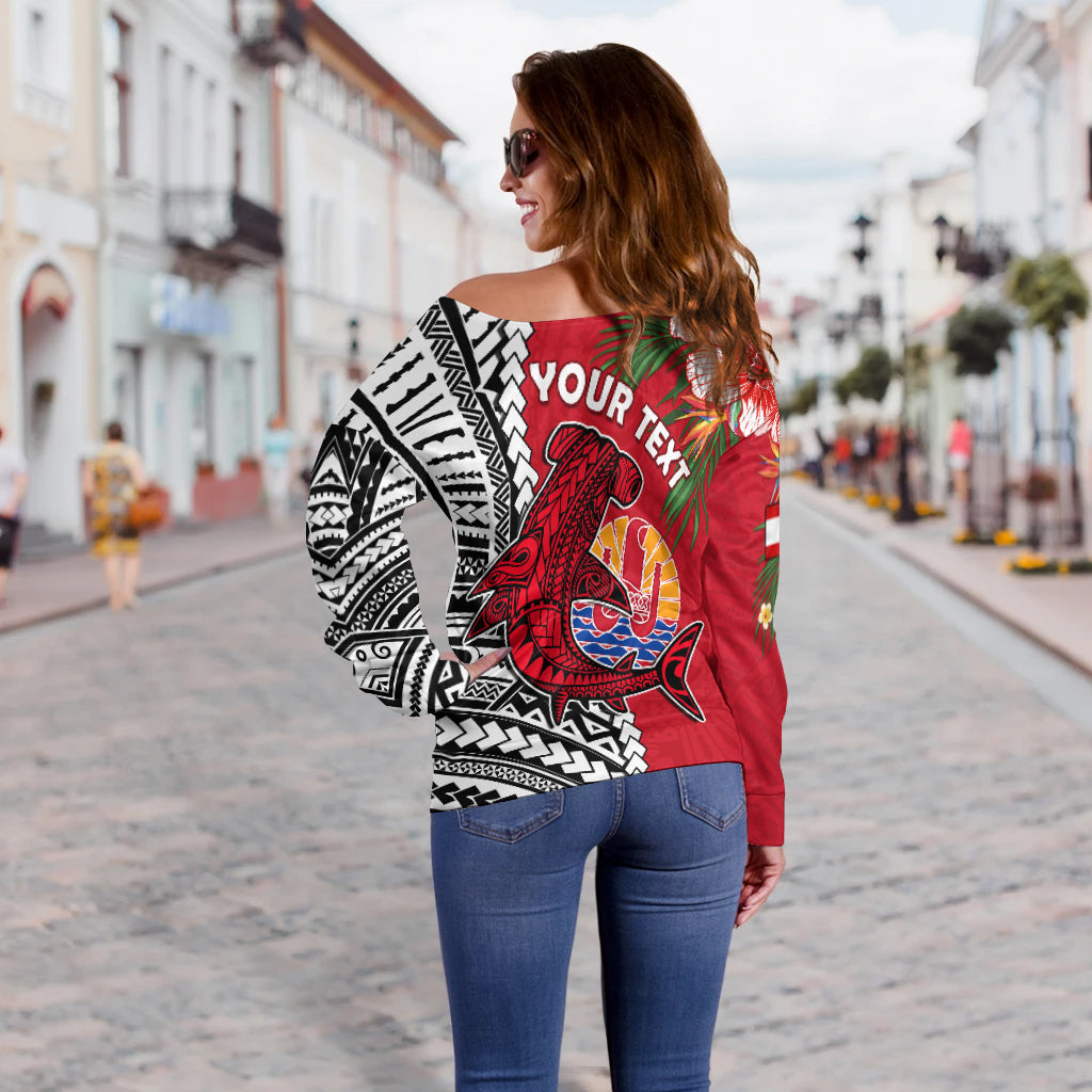 (Custom Personalised) Tahiti Islands Off Shoulder Sweater Polynesian Shark Mix Tropical Flowers LT14 - Polynesian Pride