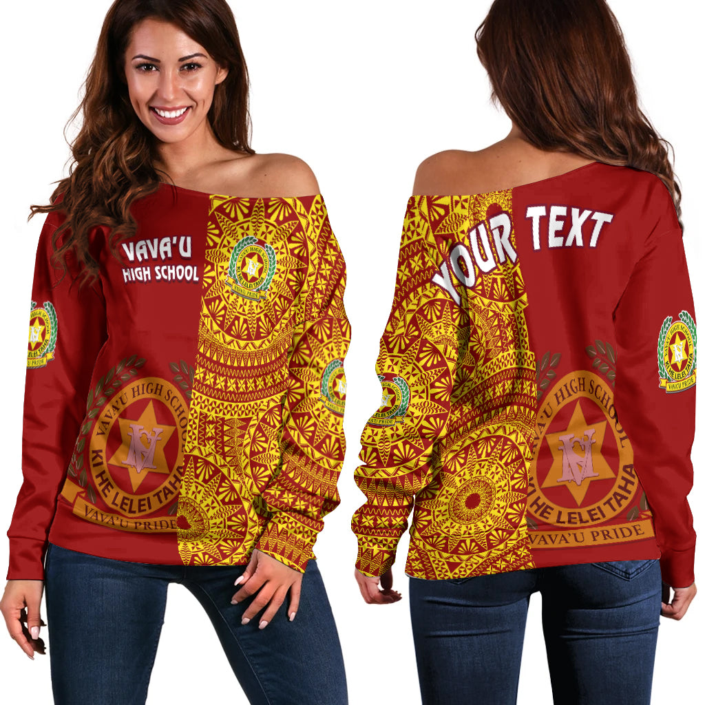 (Custom Personalised) Tonga Vavau High School Off Shoulder Sweater Tongan Ngatu Pattern LT14 Women Red - Polynesian Pride