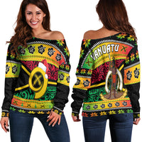 Vanuatu Christmas Off Shoulder Sweater Pig Tusk Polynesian Joyeux Noel Flag Art LT14 Women Reggae - Polynesian Pride