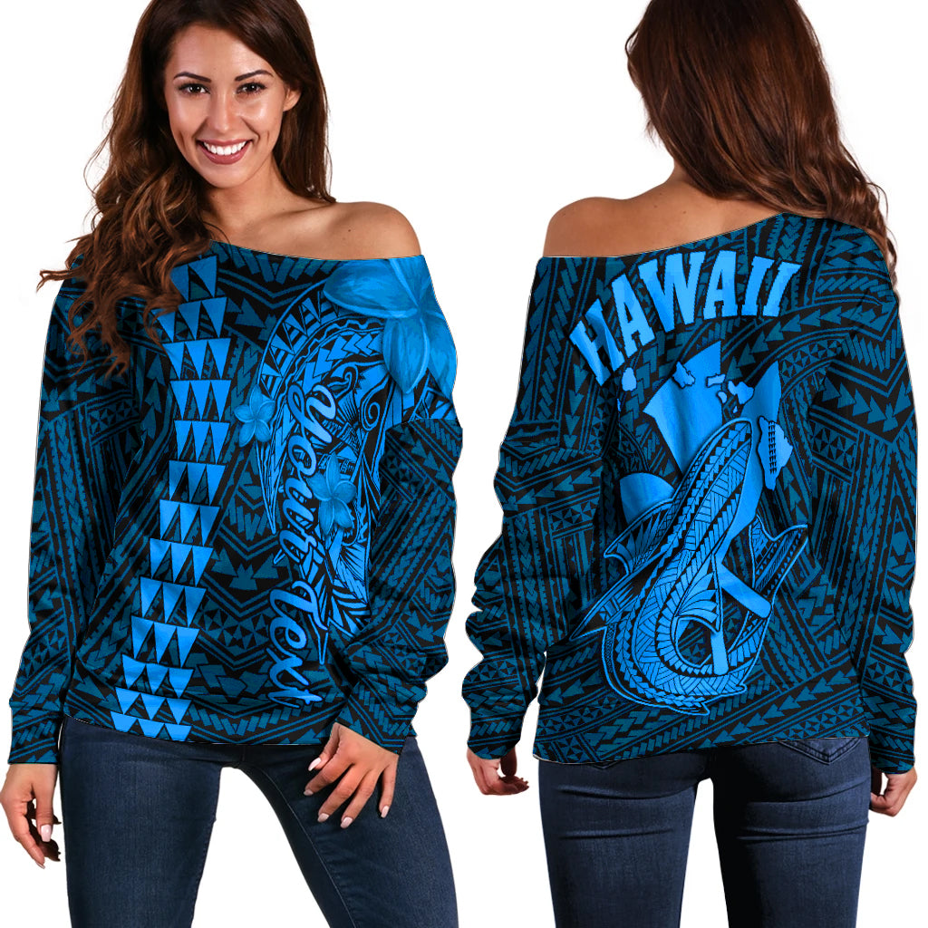 (Custom Personalised) Hawaii Off Shoulder Sweater Kakau Kanaka Maoli Combine Polynesian Shark Ver.03 LT14 Women Blue - Polynesian Pride
