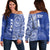 (Custom Text And Number) Tupou Tonga College Off Shoulder Sweater Class Of Year Tongan Ngatu Pattern LT14 Women Blue - Polynesian Pride