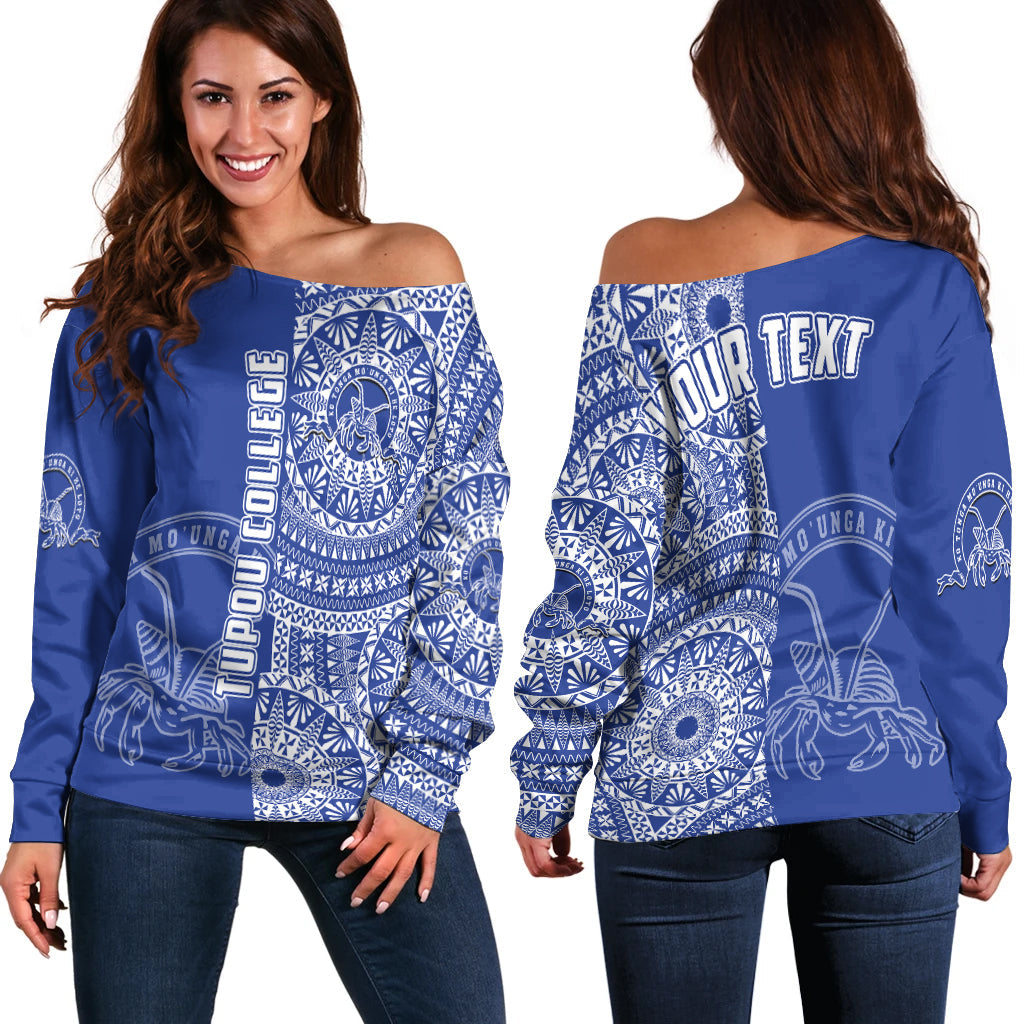 (Custom Personalised) Tupou Tonga College Off Shoulder Sweater Tongan Ngatu Pattern LT14 Women Blue - Polynesian Pride