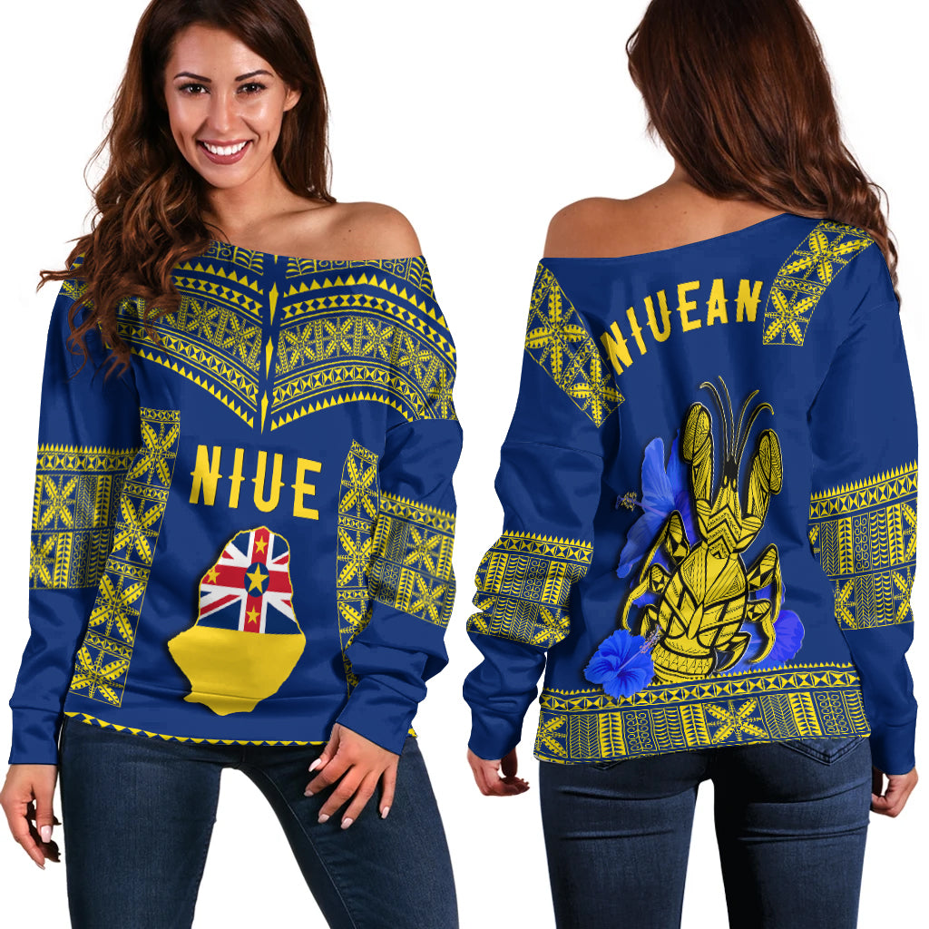 Niue Off Shoulder Sweater Happy Constitution Day Niuean Hiapo Crab With Map LT14 Women Blue - Polynesian Pride