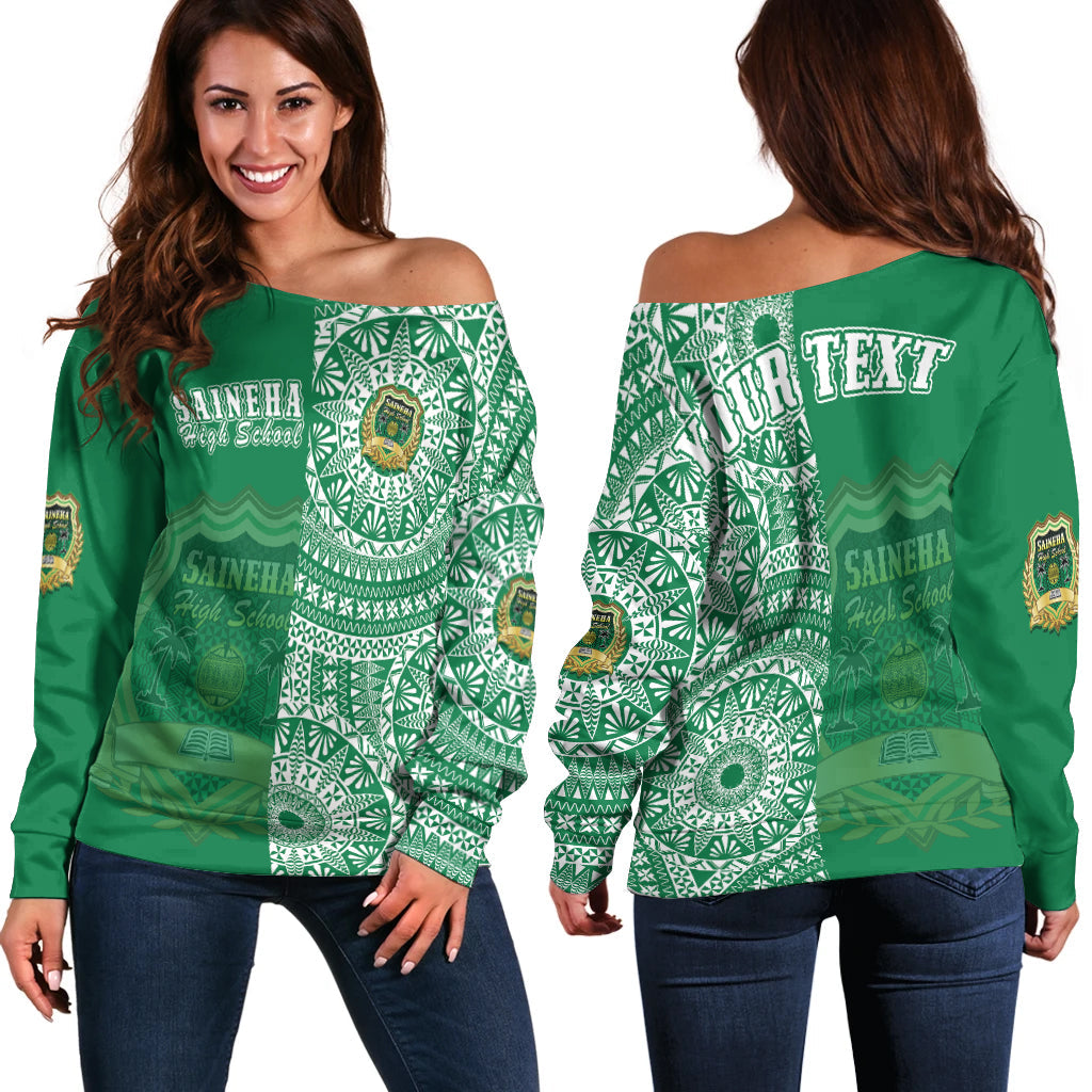 (Custom Personalised) Tonga Saineha High School Off Shoulder Sweater Tongan Ngatu Pattern LT14 Women Green - Polynesian Pride