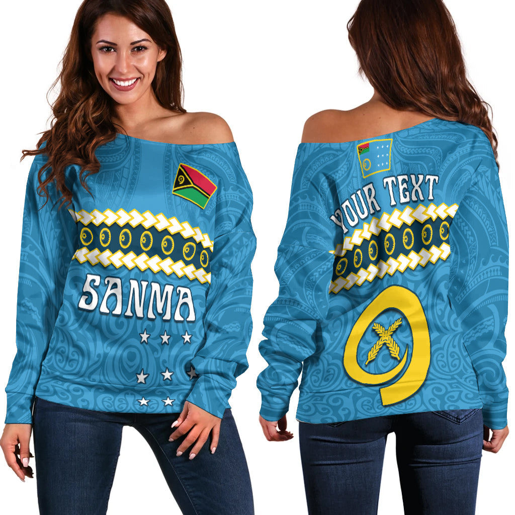 (Custom Personalised) Sanma Province Off Shoulder Sweater Vanuatu Pig Tusk Polynesian Flag Style LT14 Women Blue - Polynesian Pride