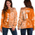 (Custom Text And Number) Tailulu Tonga College Off Shoulder Sweater Class Of Year Tongan Ngatu Pattern LT14 Women Orange - Polynesian Pride