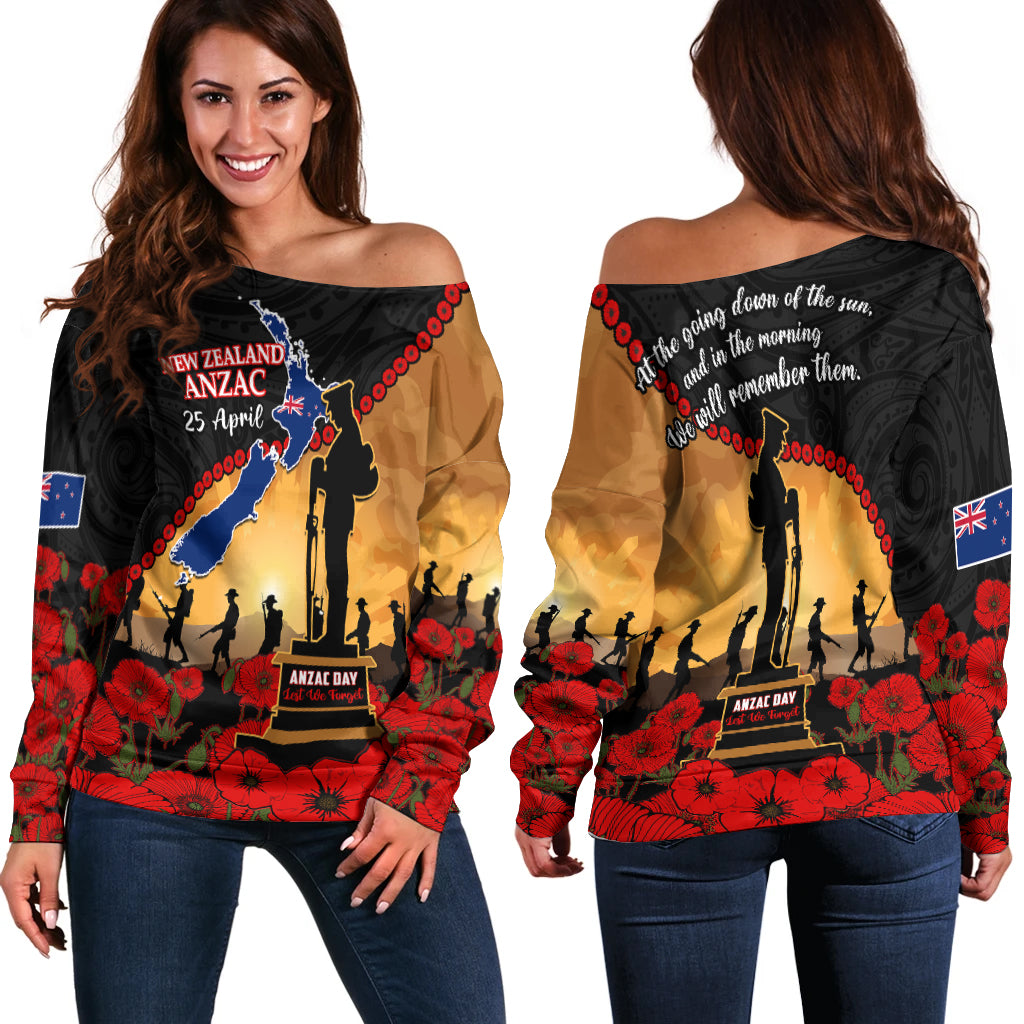 New Zealand Anzac Off Shoulder Sweater Maori Camouflage Mix Poppies We Will Remember Them LT14 Women Black - Polynesian Pride